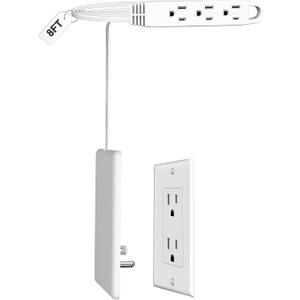 CABOCASA 8FT Ultra Flat Plug Extension Cord Power Strip with 3 Outlets, Patented Detachable Ultra-Thin Outlet Cover Concealer & Ultra-Flat Plug, Max. 13A 125V 1625W ETL Listed, White Color