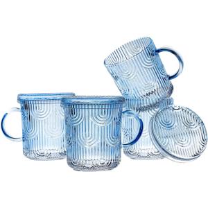 Lysenn Glass Coffee Mugs Set of 4 - Premium Crystal Glass Mugs with Lids  Unique Design Coffee Glasses for Tea Latte Cocoa Chocolate - 10 oz, Sky Blue