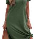 Wenrine Women Summer T Shirt Dress Casual Short Sleeve V Neck Loose Side Slit Long Tshirt Maxi Dresses with Pockets (Green, S)