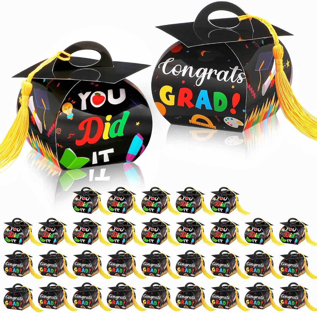 Outus 30 Pcs Graduation Cap Candy Boxes Congrats Grad Gift Box with Gold Tassel Graduation Party Favor Boxes for Class of 2026 Preschool Kindergarten Kids Party Supplies Decoration