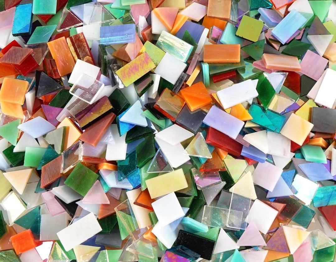 Lanyani Iridescent Glass Mosaic Tiles Bulk, 4-Shapes 700 Pieces Sparkle Iridized Stained Glass Tile for Mosaic Crafts