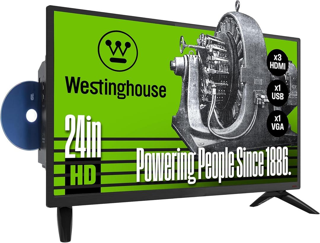 Westinghouse 24 Inch TV with DVD Player Built in, HD LED Small Flat Screen Non-Smart Television DVD Combo, RV Camper, Works with Fire Stick, Roku, Apple TV, TiVo, Xumo, and Streaming Devices.