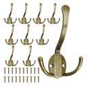 10 Pack Coat Hooks Heavy Duty, Metal Three Prongs Large Coat Hooks Wall Mounted with 20 Screws, No Rust Antique Brass Rustic Wall Hooks for Hanging Towel, Coat, Scarf, Bag, Hat, Cup, Key, missing 3