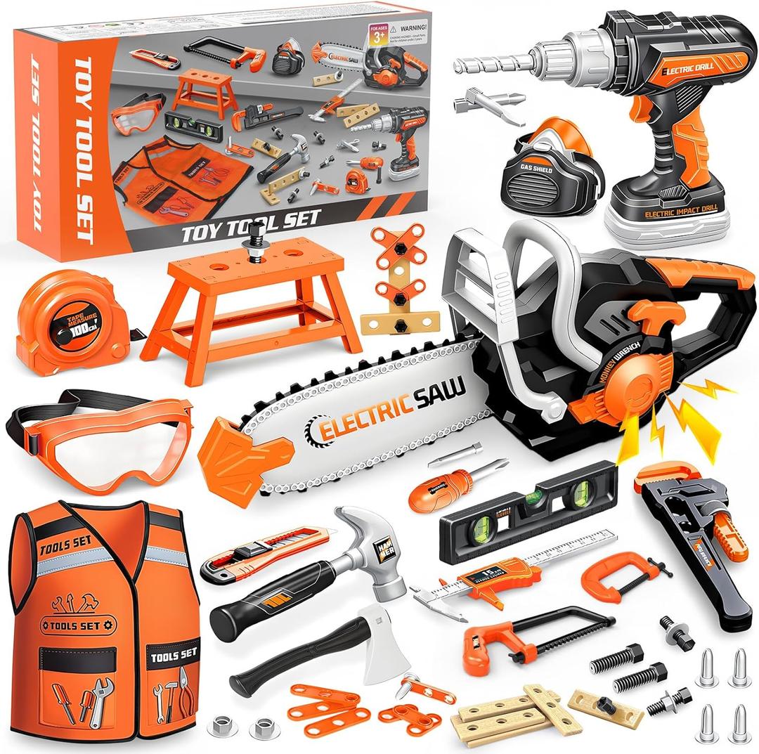 Kids Tool Set Toys, 56 Pcs Toddler Tool Set with Toy Chainsaw & Electronic Drill,Vest, Pretend Play Kids Construction Tools Toy for Toddler 3-5 Years Old Christmas Birthday Gifts