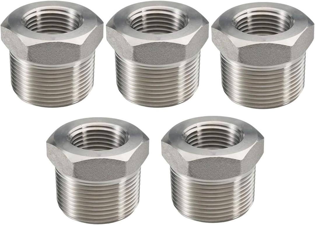 Beduan Stainless Steel Reducer Hex Bushing 1" Male NPT to 1/2" Female NPT Reducing Cast Pipe Adapter Fitting for Air Water Gas Fuel(Pack of 5)