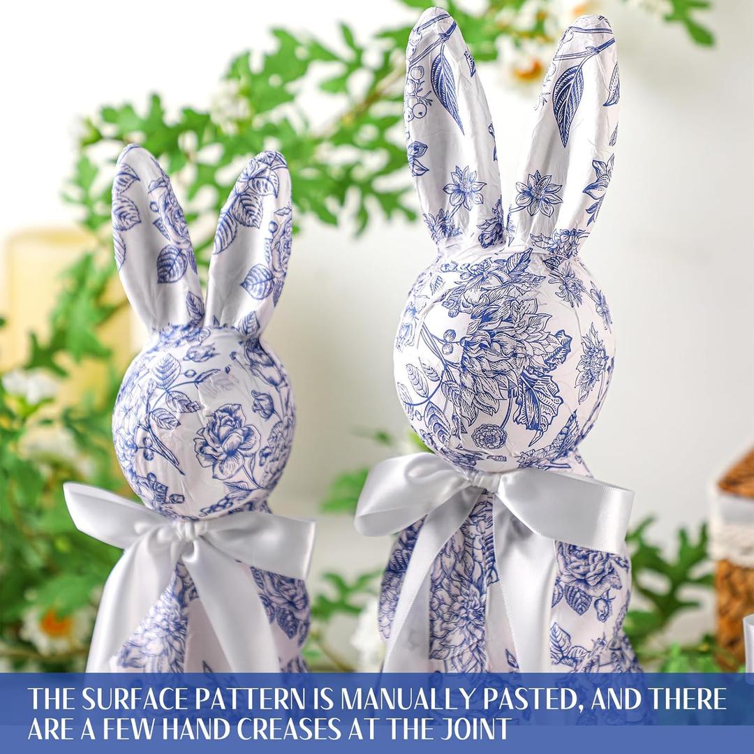 Threehoney 2 Pcs Easter Bunny Decorations Chinoiserie Blue and White Floral Rabbit Figurines 15.5/13/10 Inch Easter Bunny Centerpieces for Table Mantel Decor Spring Farmhouse Home Office Holiday Party