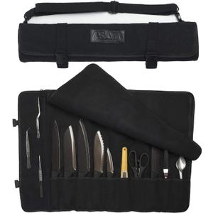 Asaya Canvas Chef Knife Roll Bag - 10 Knife Slots and a Large Zipper Pocket - Durable 10oz Canvas Knife Case with an Adjustable Shoulder Strap - Knives not Included