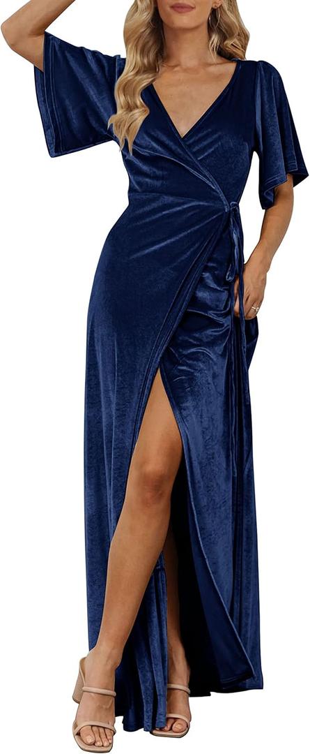 MEROKEETY Women's V Neck Wrap Velvet Maxi Wedding Guest Dress Bell Sleeve Split Bridesmaid Cocktail Party Formal Dresses XL