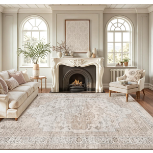 DEXI Area Rugs for Living Room, 8x10 Washable Low Pile Vintage Traditional Rug for Bedroom, Non Slip Large Indoor Carpet for Dining Office Nursery, Warm Taupe
