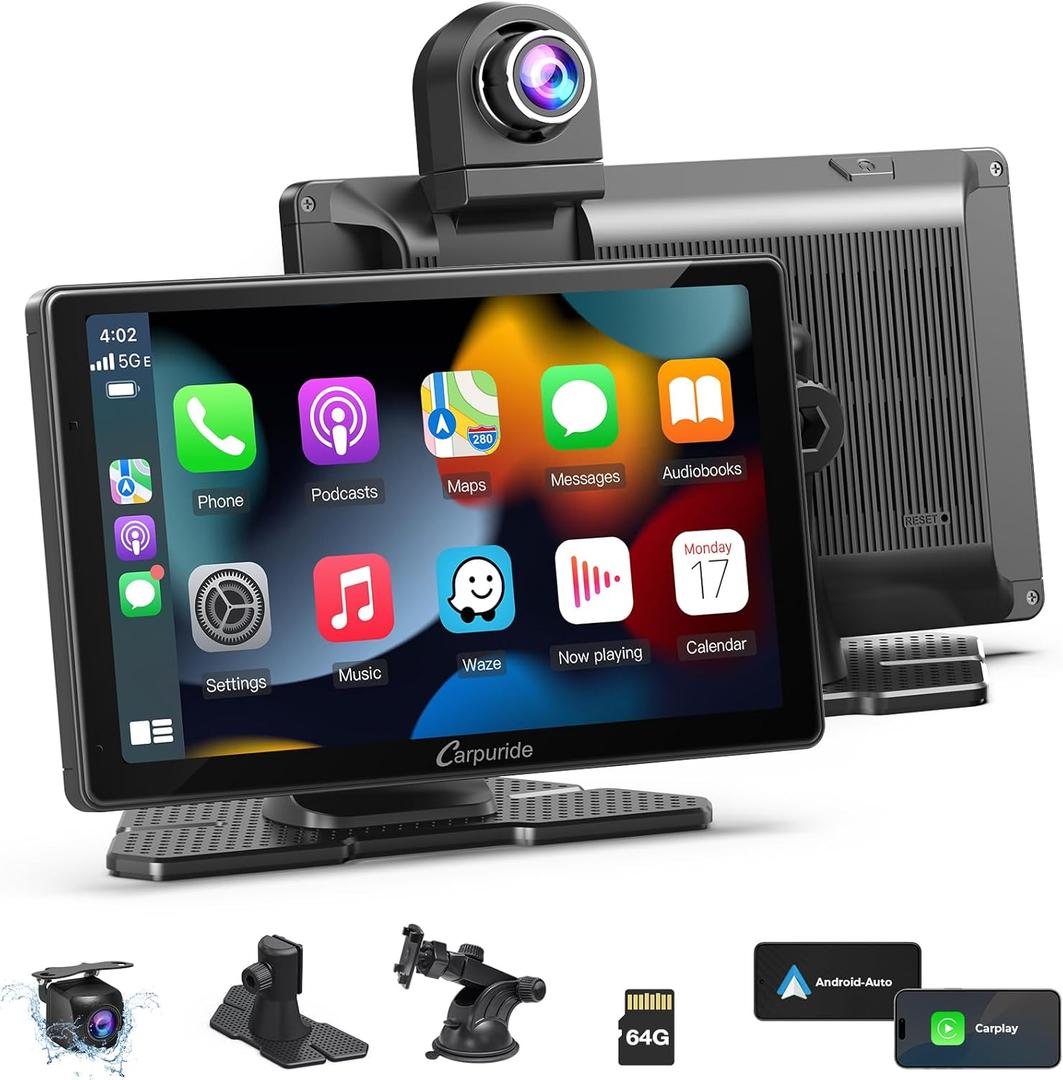 Carpuride W703 Wireless CarPlay for Apple CarPlay & Android Auto, 7" IPS Portable Car Audio Receivers with 4K Front and 1080P Backup Cam, Loop Recording/Mirror Link/Light & G-Sensor/Siri/Navigation/FM