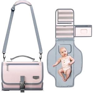 Portable Diaper Changing Pad with Shoulder Strap, Detachable Travel Changing Pad with Baby Wipes Pocket, Gifts for Baby Shower, Newborn Girls and Boys (Pink)