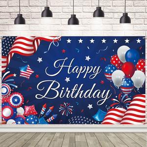 Happy Birthday Banner Birthday 4th of July USA Banner Memorial Patriotic Decorations for Independence Day Party Supplies Patriotic Theme Backdrop Poster for Party Decor 70.8 x 43.3 inch (5.9x3.6ft)