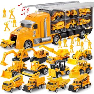 JOYIN 25 in 1 Die-cast Construction Play Vehicle Set, Vehicles with Sounds and Lights in Carrier Truck, Push and Go Car Toy, Kids Birthday Gifts for Over 3 Years Old Boys