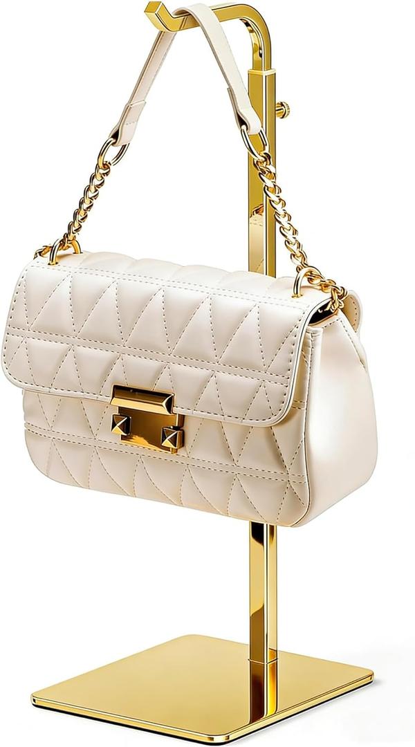 pickpiff Shiny Gold Purse Display Stand, Adjustable Handbag Holder for Closet, Desk, or Retail Display (1 Pack)