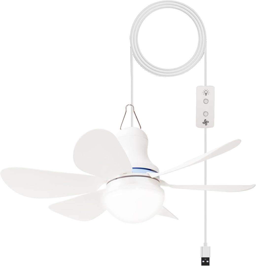 Portable Ceiling Fan with LED Light, Mini DC 5V USB Tent Fans for RV, 16.5Inch Small USB Ceiling Fan Hanging Camping Tent Gazebo Bed Dormitory, On/Off Button Switch, Detachable Blades