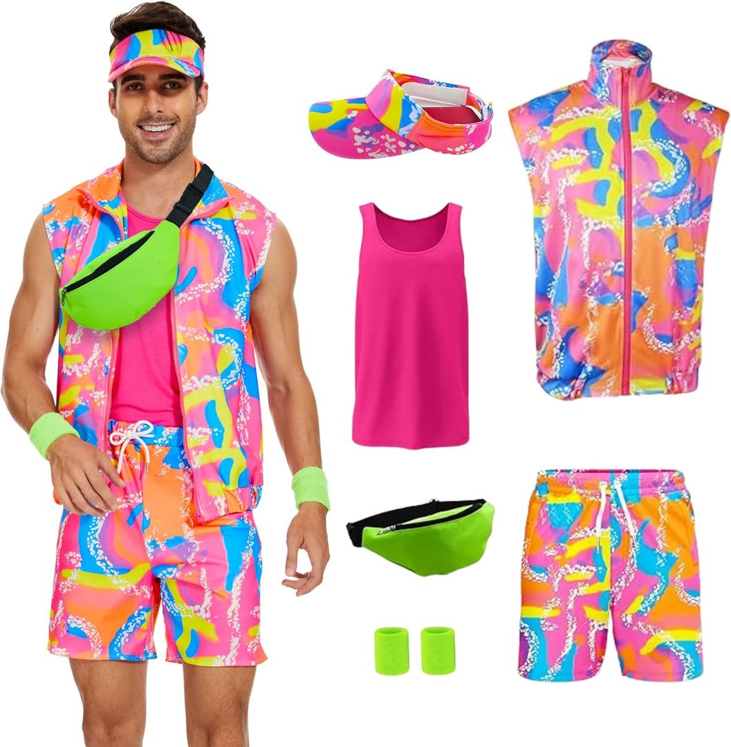 6 Pieces 80s Workout Costume for Men Halloween Cosplay 80s 90s Workout Outfit Party Clothing for Adult Mens (XX-Large, Pink)