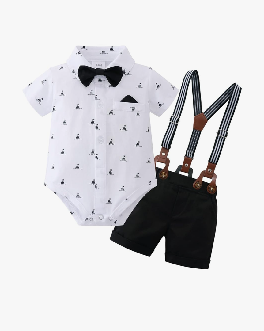 YUEMION Infant Baby Boy Clothes Gentleman Outfits Suits Summer Short Sleeve Bowtie Bodysuit Shirts + Suspender Shorts(9-12 M)
