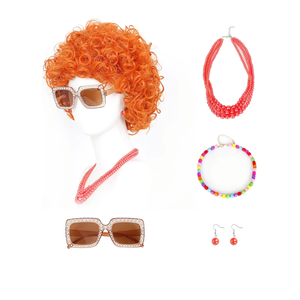 Short Curly Afro Orange Wig Set with Sunglasses Necklace Kit Women Halloween Costume Party Funny Wig