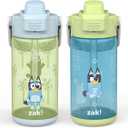 Zak Designs Bluey Kid Water Bottle 2-Pack Set for Travel or At Home, 16oz Plastic is Durable and Leak-Proof with Silicone Spout, Cover, Carry Handle, Protective Base (Bluey and Bingo)
