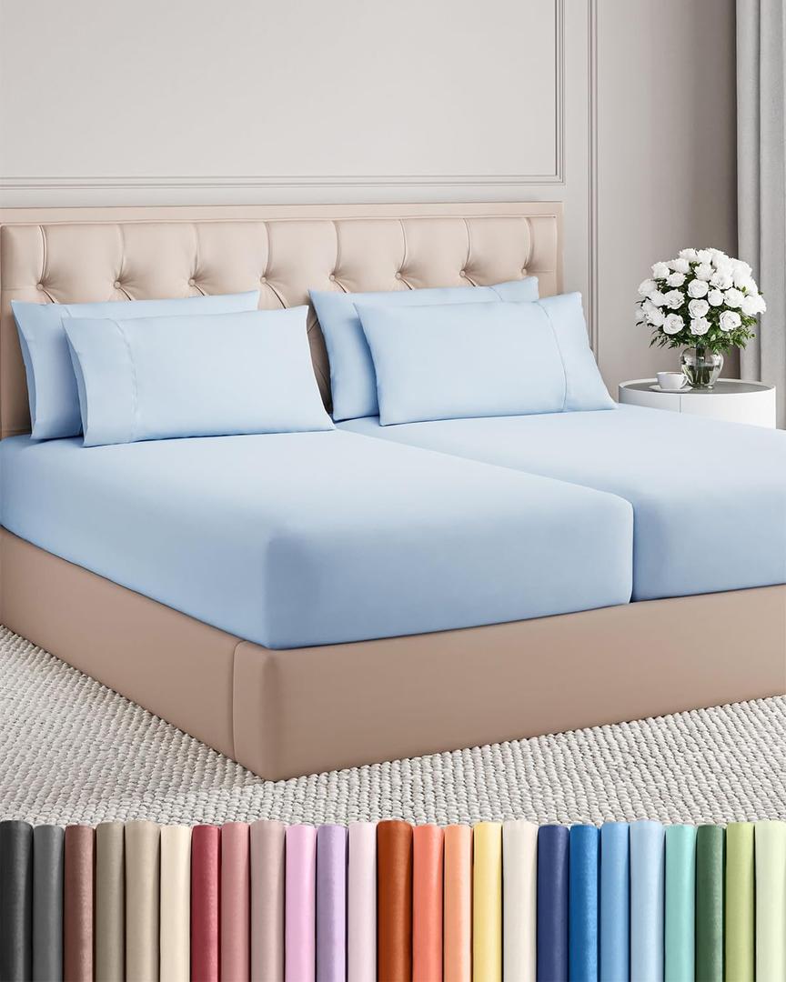 Split King 7 Piece Sheet Set - Comfy, Breathable & Cooling - Soft Hotel Luxury Bedding for Women, Men, Kids, Teens and Children - 1 Flat & 2 Fitted Sheets & 4 Pillowcases with Deep Pockets - Sky Blue