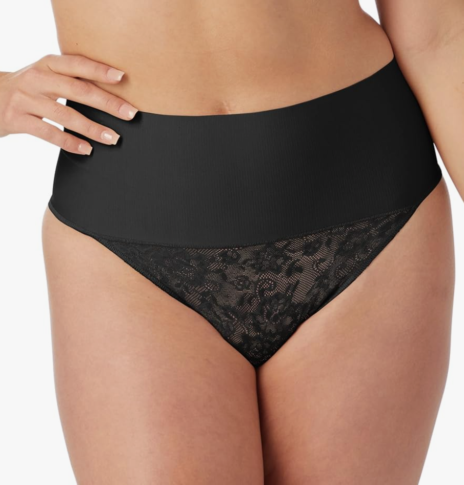 Maidenform Women's Shapewear Thong, Tummy Control Underwear , Breathable Stretch Lace Firm Control Thong Shapewear, Size L