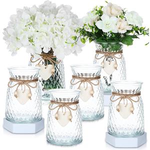 6 Pcs Glass Bud Vases with Twine Rope and Heart Label 6.3 Inch Boho Vintage Vase Flower Decorative Glass Vase for Centerpieces Holiday Wedding Home Table Decorations (Clear)