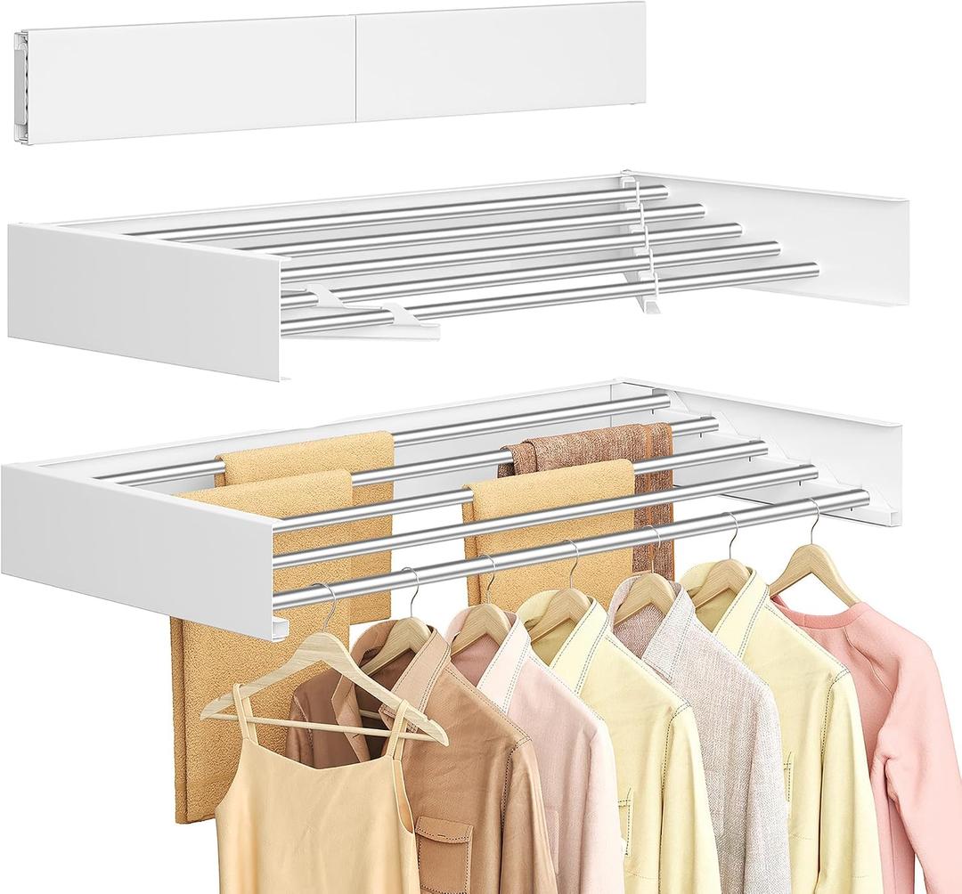 SONGMICS Wall Mounted Drying Rack, Clothes Drying Rack Foldable, 31.5 Inches Wide Laundry Clothes Airer with Wall Template, 5 Fold-Out Aluminum Alloy Bars, Indoor, Matte White ULLR809WE01