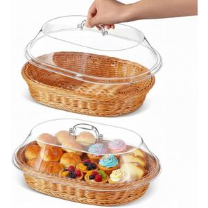 Hushee 2 Set Imitation Rattan Bread Basket with Lid Wicker Bread Baskets for Serving Woven Fruit Basket with Cover Oval Food Baskets for Food Vegetables Display(15.75 x 11.81 Inch)