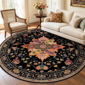RELEANY Area Rugs 6ft Washable Non-Slip, Floral Vintage Distress Print Pattern Medallion Carpet for Living Room Bedroom Dining Room, Black Colorful Floral Dark Tan