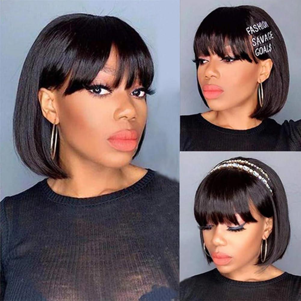 Bob Wig With Bangs Human Hair 180% Density Glueless Short Bob Wigs For Women