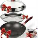 Kseroo 13-Inch Carbon Steel Wok Pan with Lid: Professional Woks & Stir-Fry Pans Nonstick with Steamer, Large Deep Flat Bottom Cookware, Works on All Cooktops, Stay-Cool Handle, Ideal Kitchen Gift