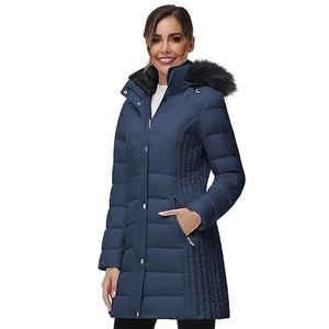 SLOW DOWN Women Winter Down Puffer Coat Warm Hooded Mid-Length Down Jacket for Women with Faux Fur Trim Hood and Pile Collar (Navy, M)