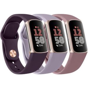 Amzpas Bands for Fitbit Charge 6 Bands, Fitbit Charge 5 bands Women Men - 3 Pack, Soft Silicone Adjustable Waterproof Sport Strap (Dark Cherry + Taro Purple + Smoky Purple)