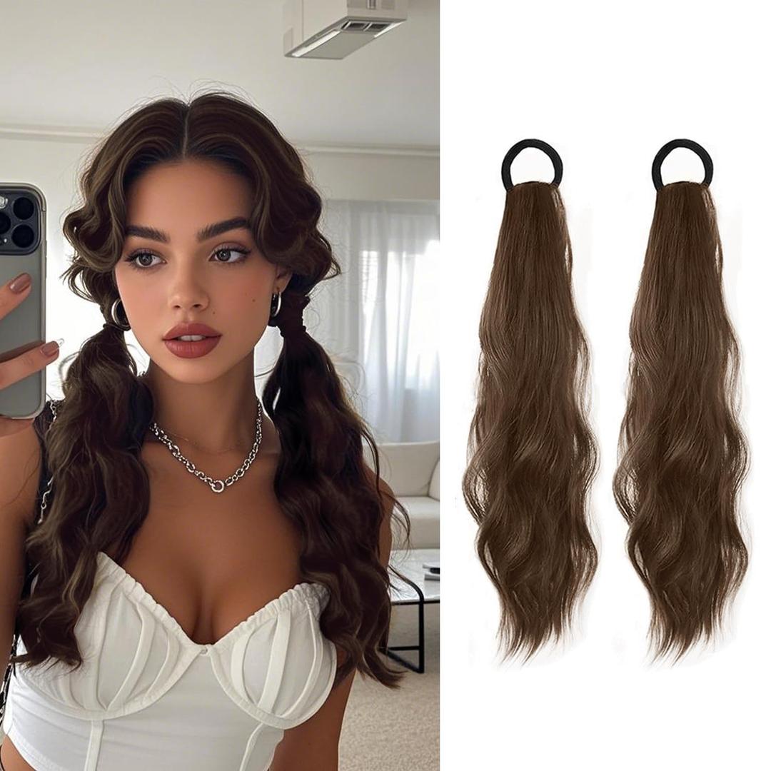 2PCS Curly Ponytail Extension with Hair Tie Hair Natural Wig Elastic Band Wave Fake Ponytail Wigs Accessories for Women Daily 17 Inch (2pcs-ash Brown)
