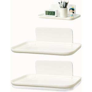 3 Pcs Small Foldable Floating Shelves for Living Room Bathroom,Bedside Shelf No Drill,Adhesive Shelves Organizer,Stick on Wall Rack Shelf Kitchen Entryway Bedroom,Bed Bedside Tray White