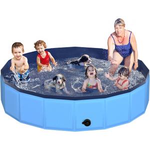 97" x 12" Foldable Dog Pool - Collapsible Hard Plastic Kiddie Pool for Dogs & Kids, Non-Slip Pet Bath Tub for Outdoor Backyard Use, Lightweight & Portable (Blue)