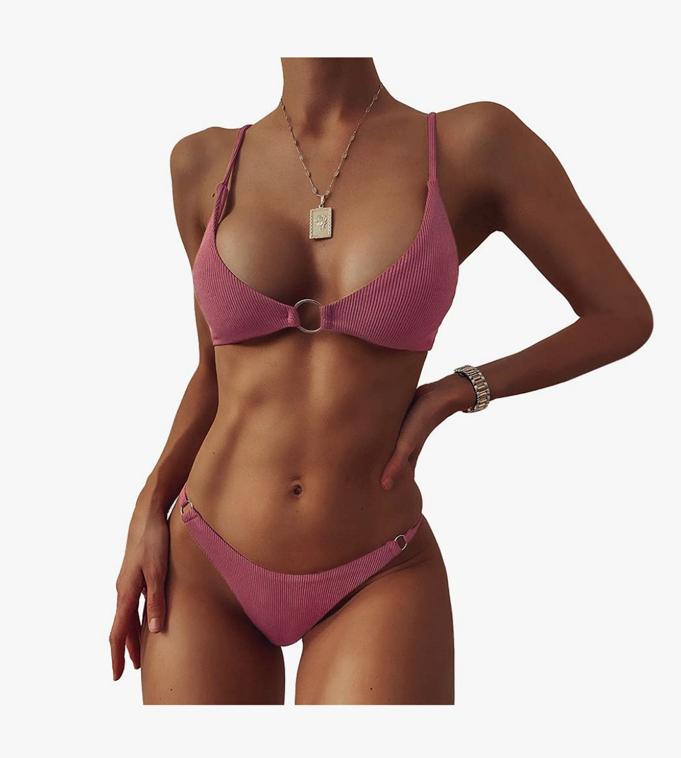 ZAFUL Women's Ribbed O-Ring String Bikini Swimsuit Cheeky Thong Swimwear Two Pieces Bathing Suit M