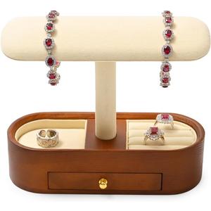 Oirlv Solid Wood Watch Stand with Drawer T-bar Watch Holder Organizer for Men and Women Showcase Bracelet Bangle Jewelry Display Stand Rings Earrings Necklace Storage(Drawer,Creamy-whit)