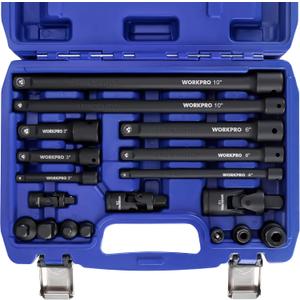 WORKPRO 18-Piece Impact Socket Extension Set, Includes Socket Adapters, Ratchet Extension Set, Socket Extension Bar, Swivel Universal Joints and Impact Coupler, 1/4", 3/8" & 1/2" Drive