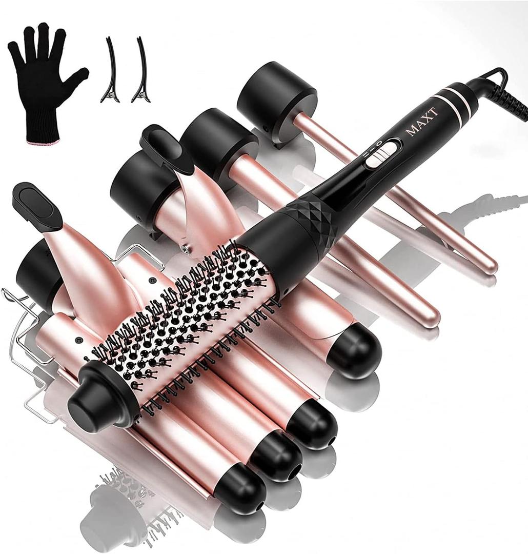 Curling Iron Set 5 in 1,MAXT Curling Wand Set Interchangeable Triple Barrel Curling Iron and Curling Brush Ceramic Barrel Wand Curling Iron(0.35-1.25) (Pink)