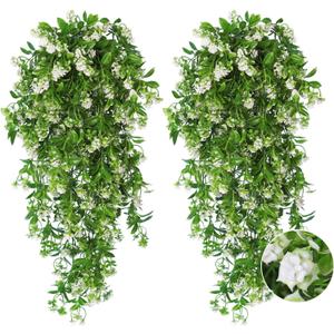 RECUTMS 2Pcs Artificial Hanging Flowers for Outdoor Decoration Fake Hanging Plants Faux White Flowers Artificial UV Resistant Plastic Greenery Vines Ivy for Outdoor Indoor Garden Party Decor, White