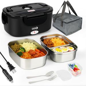 IXIIE Electric Lunch Box 80W Food Warmer for Work, 12V/24V/110V Portable Lunch Warmer for Adults with 2-Pack Stainless Steel Containers, Heated Lunch Box for Car/Truck/Office/Outdoors (Black+Black)