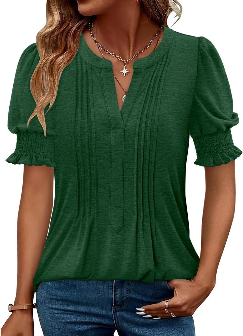 CRAZY GRID Women's Dressy Casual Top Puff Sleeve Summer Shirt Loose Trendy Pleated Blouse (3X-Large)