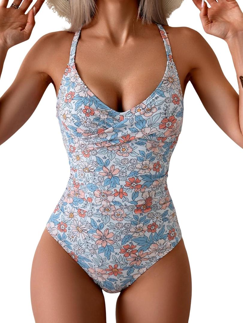 B2prity Women's One Piece Swimsuits Tummy Control Front Cross Bathing Suits Tie Back Slimming V Neck Swimwear Pink Floral 2XL B2prity Women's One Piece Swimsuits Tummy Control Front Cross Bathing Suits Tie Back Slimming V Neck Swimwear Pink Floral 2XL