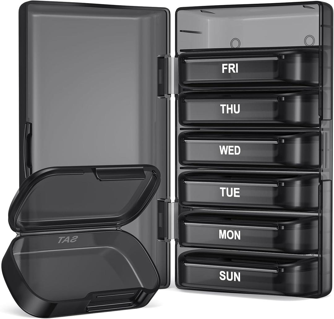 PULIV Weekly Pill Organizer with Large Capacity, Dual Protection (Black)
Pill Box 7 Day, Arthritis Friendly Pill Case Easy to Open, Medicine Organizer for Vitamins, Medication, Fish Oils, Supplement