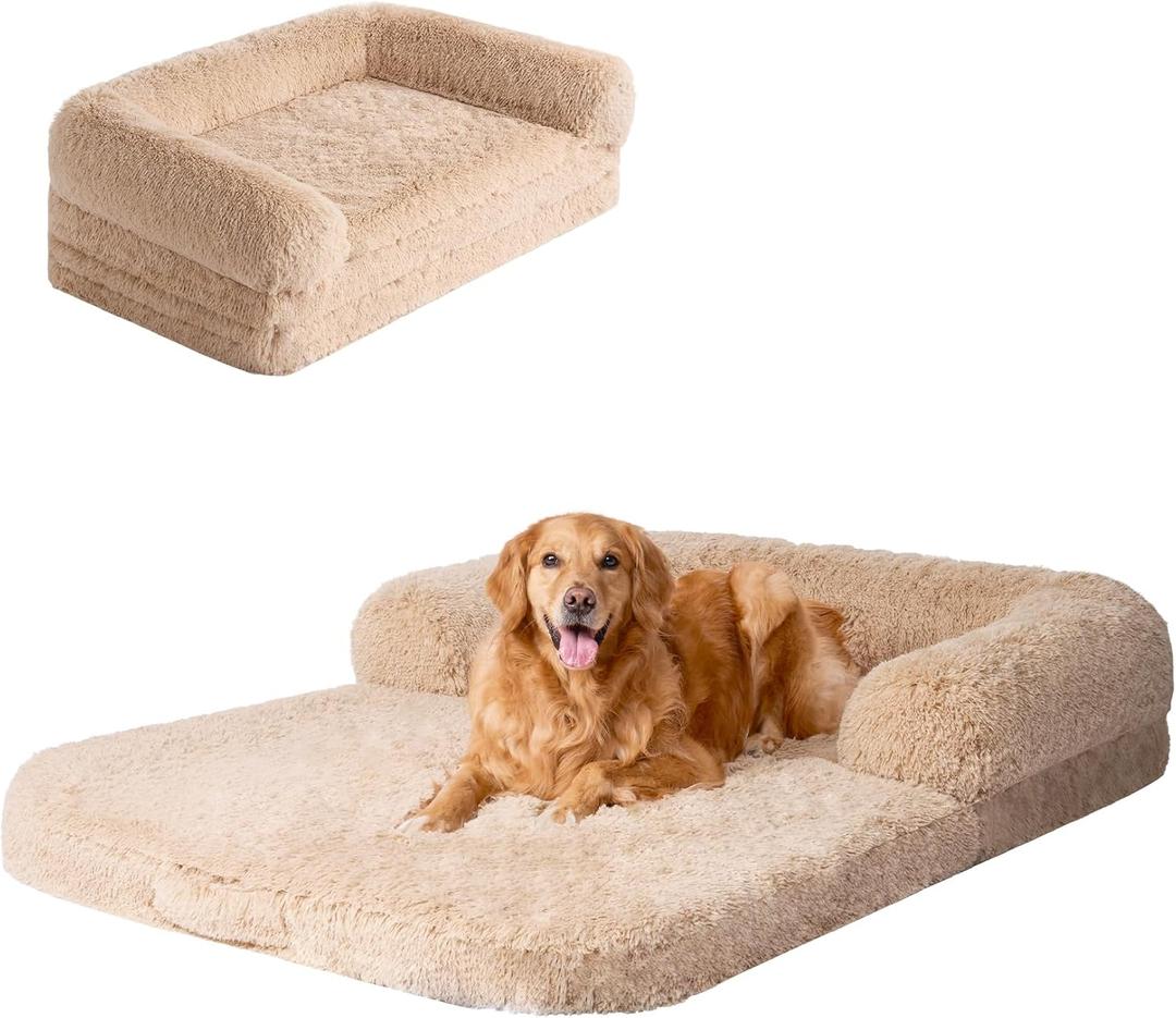 EHEYCIGA Foldable XXL Dog Bed, Faux Fur Fluffy Pet Couch Bed for Extra Large Dogs, Orthopedic Calming Memory Foam Big Pet Bed, Washable Soft Pet Sofa Bed with Non-Slip Bottom, Camel, 54"x38"x7.5" (54x38x7.5(Folded 38x27))