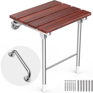 Folding Shower Seat Wall Mount, Foldable Wall Wood Shower Chair Bench for Seniors, Bathroom Safety Shower Stool for Small Shower
