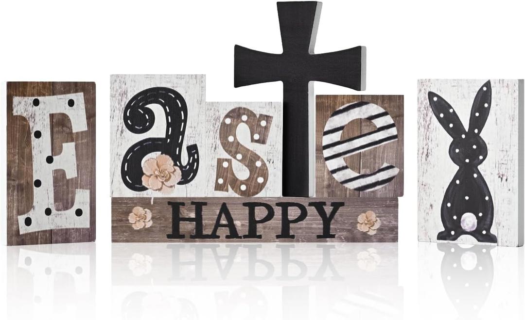 Smile 7Pcs Easter Decor Indoor Wooden Sign, Bunny Eggs Farmhouse Style Shelf Accents for Spring Holiday Home Decoration