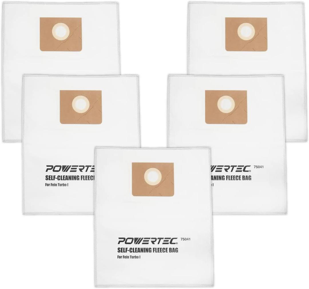 POWERTEC Turbo I, 9-20-27 Fleece Filter Bags 5PK, for Fein Dustex 25 L Wet/Dry Dust Extractor, for Fein 31345061010 Shop Vacuum Replacement Bags, Filter Bags, Dust Bags (75041)