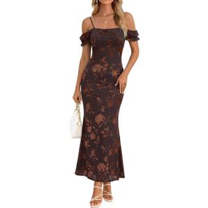 MEROKEETY Women's 2026 Summer Off The Shoulder Spaghetti Strap Floral Mesh Wedding Guest Cocktail Formal Party Maxi Dresses (Brown, M)
